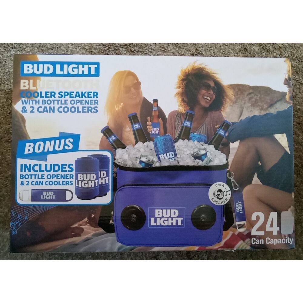 BUD LIGHT Blue Soft Cooler With Built in Bluetooth Speaker Portable Rechargeable